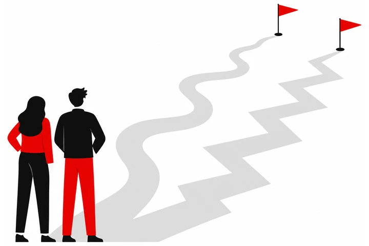 Two people side by side, each setting off along a differently shaped path