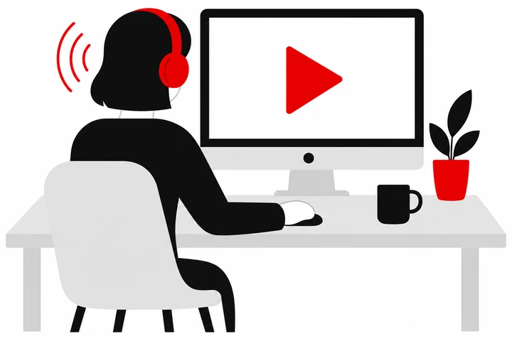 Someone at a desk in headphones, watching a screen with a play button