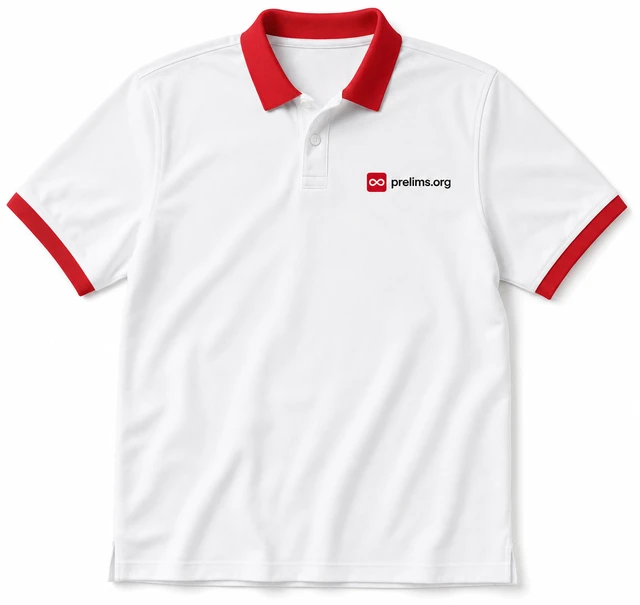 A white prelims.org polo shirt with a red collar and red bands at the sleeves
